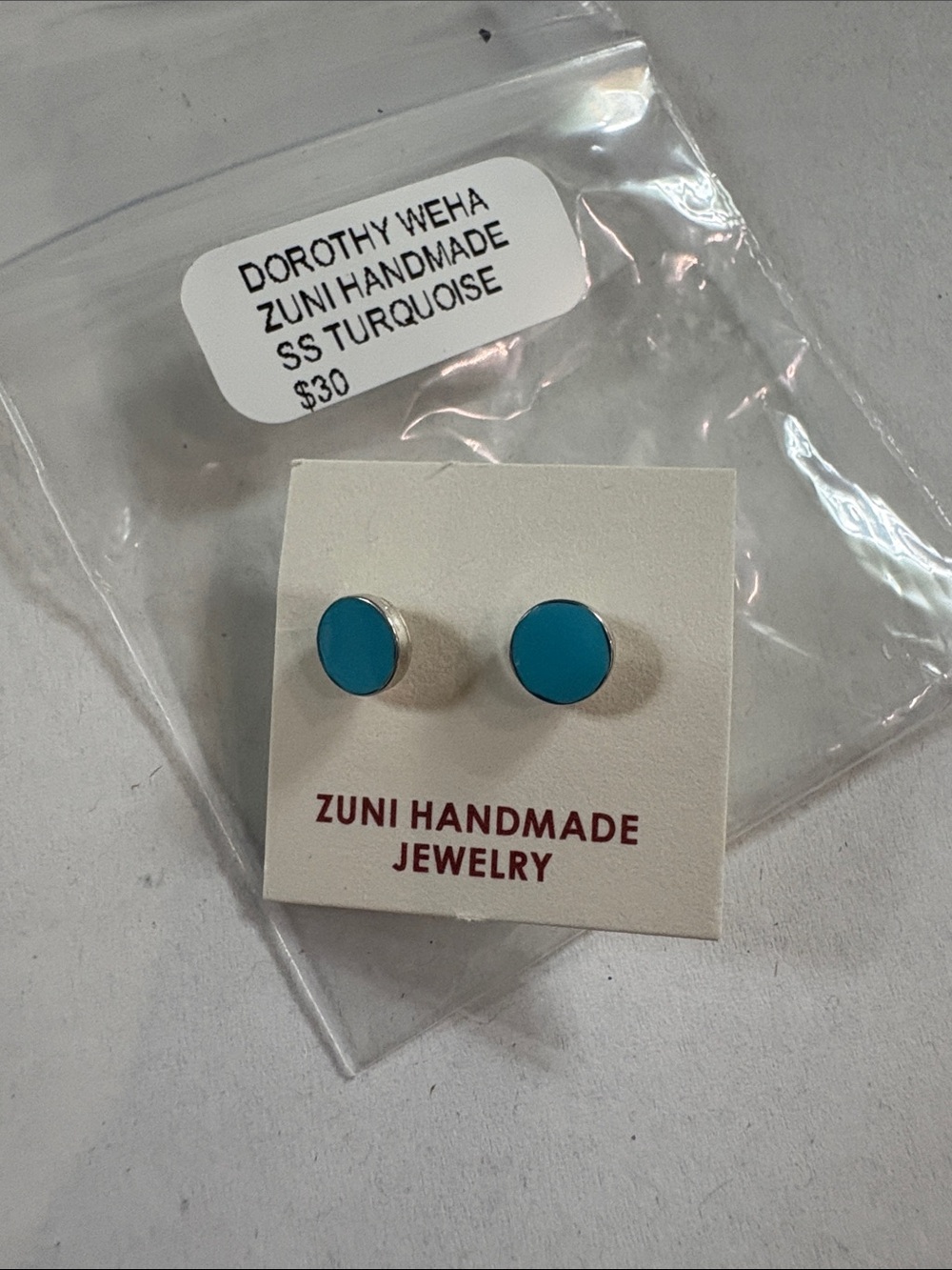 Dorothy Weha Zuni Turquoise Sterling Silver Tiny Circle Stud Earrings NWT